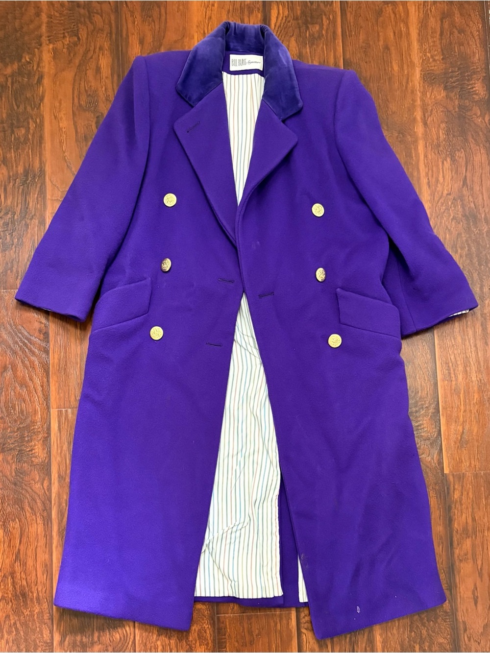 Vintage Bill Blass Signature Purple 100% Wool Long Coat Gold Buttons